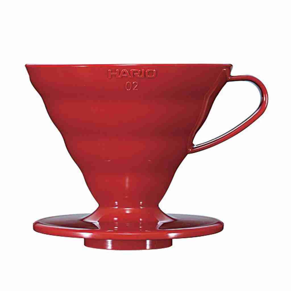 Red Hario V60 Plastic Dripped. The best coffee maker for camping outdoors and the cheapest.