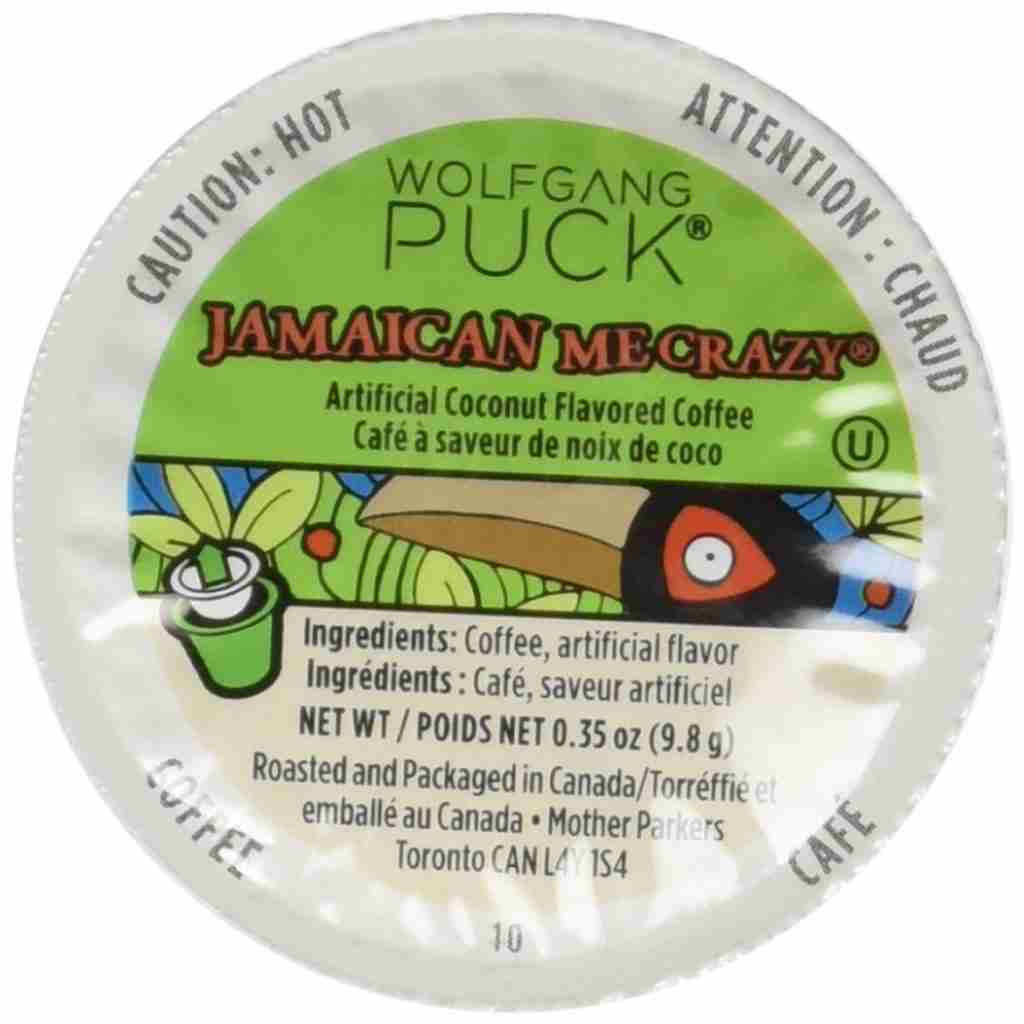 Wolfgang Puck coffee, jamaican me crazy k-cup with a picture of a toucan on top. 