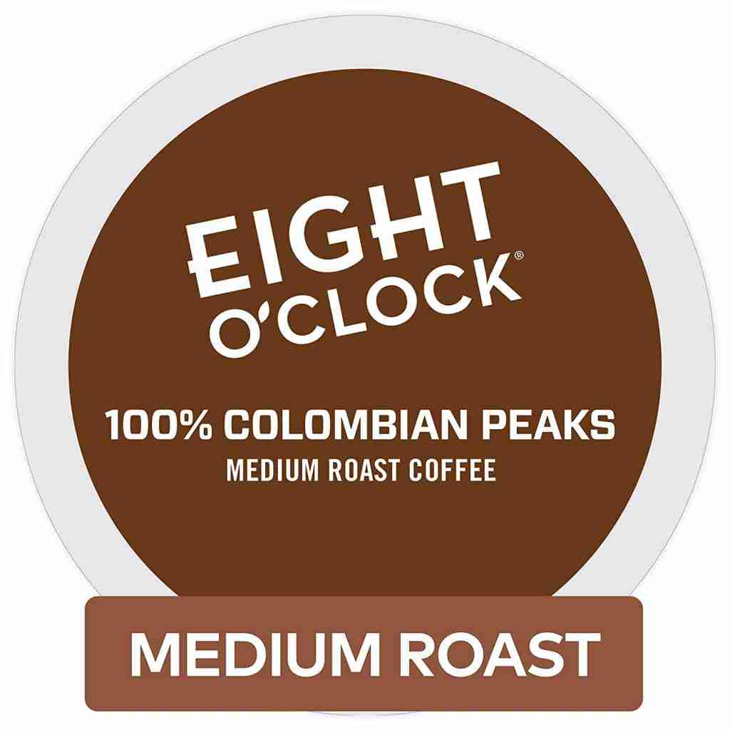 Brown K-Cup. Eight O' Cloco coffee 100% Colombian peaks medium roast coffee. the best tasting k-cup flavors.