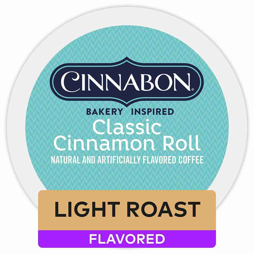 Cinnabon brand classic cinnamon roll coffee k-cup. One of The best K-Cup flavors for flavored coffee.