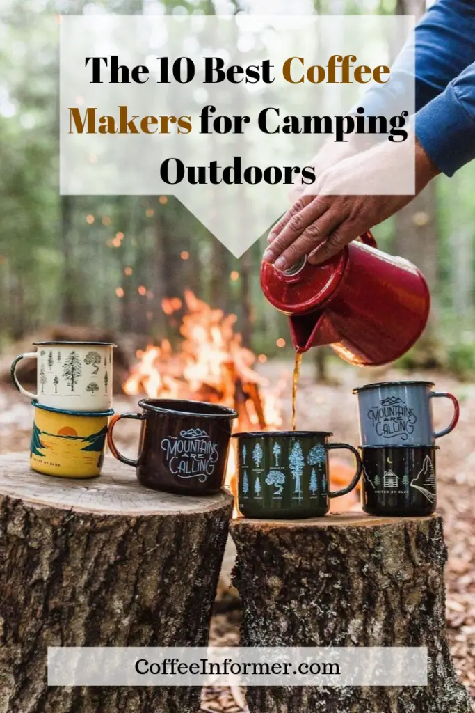 Info-graphic with someone pouring coffee into cups outdoors near a camp fire. 