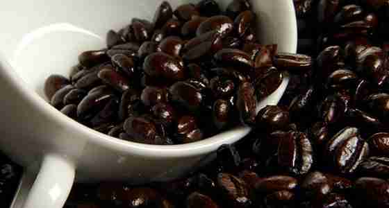 Oily dark roasted coffee beans.