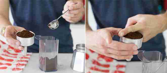 man preparing moka pot coffee grounds for brewing. stovetop coffee maker how to guide.